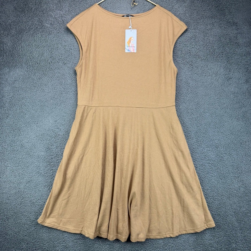 PrettyGarden XXL Brown Ribbed Cap Sleeve Fit and Flare Skater Dress New